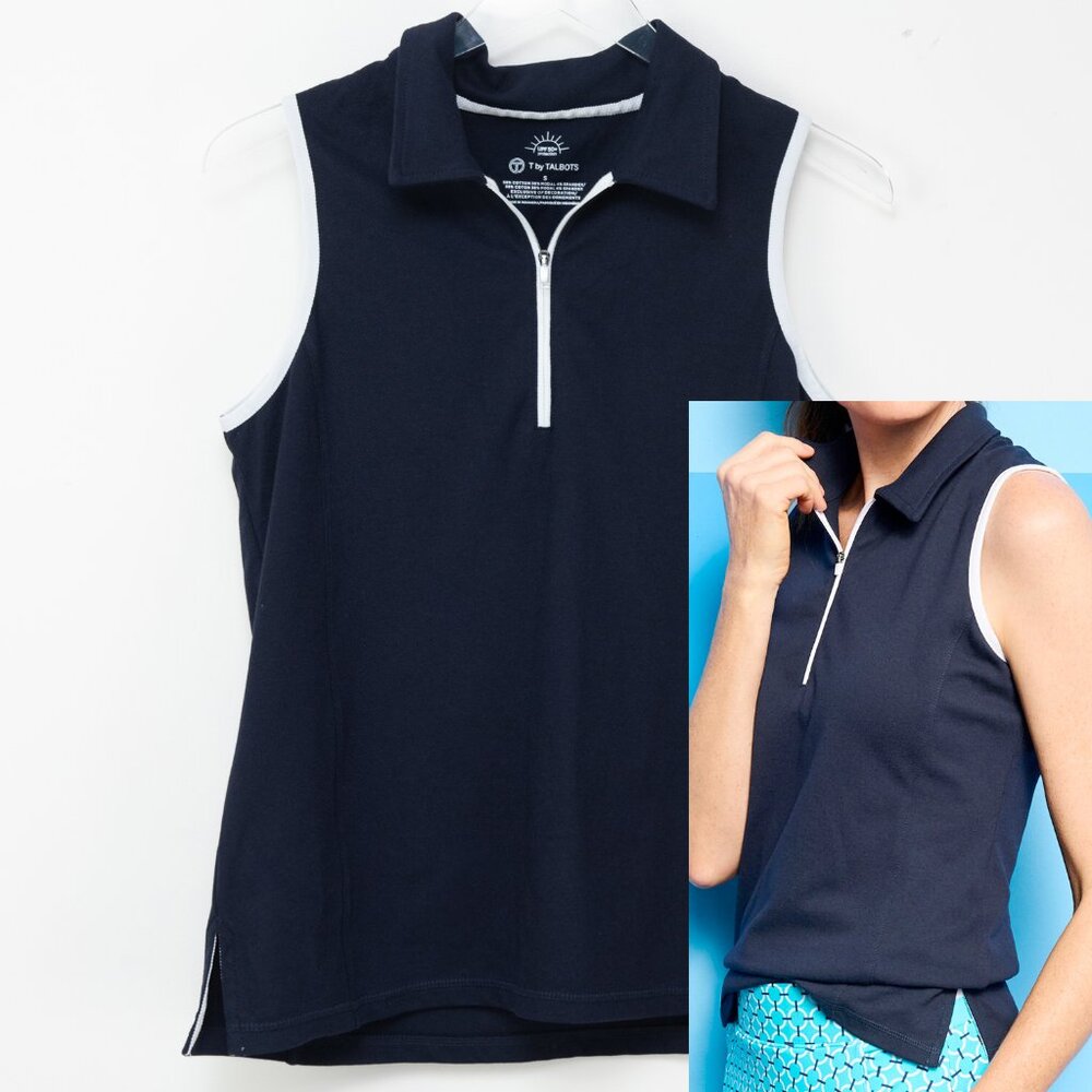 Talbots Sleeveless Pique Polo UPF 50+ Navy Half Zip Blue White Size Small New